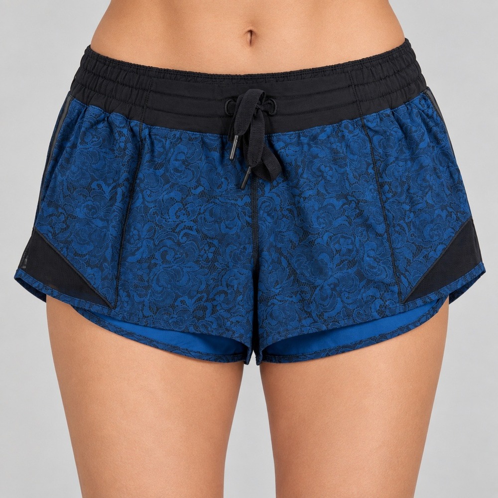Lululemon Hotty Hot Shorts Blue Black Floral Lace Running Athletic Size 6